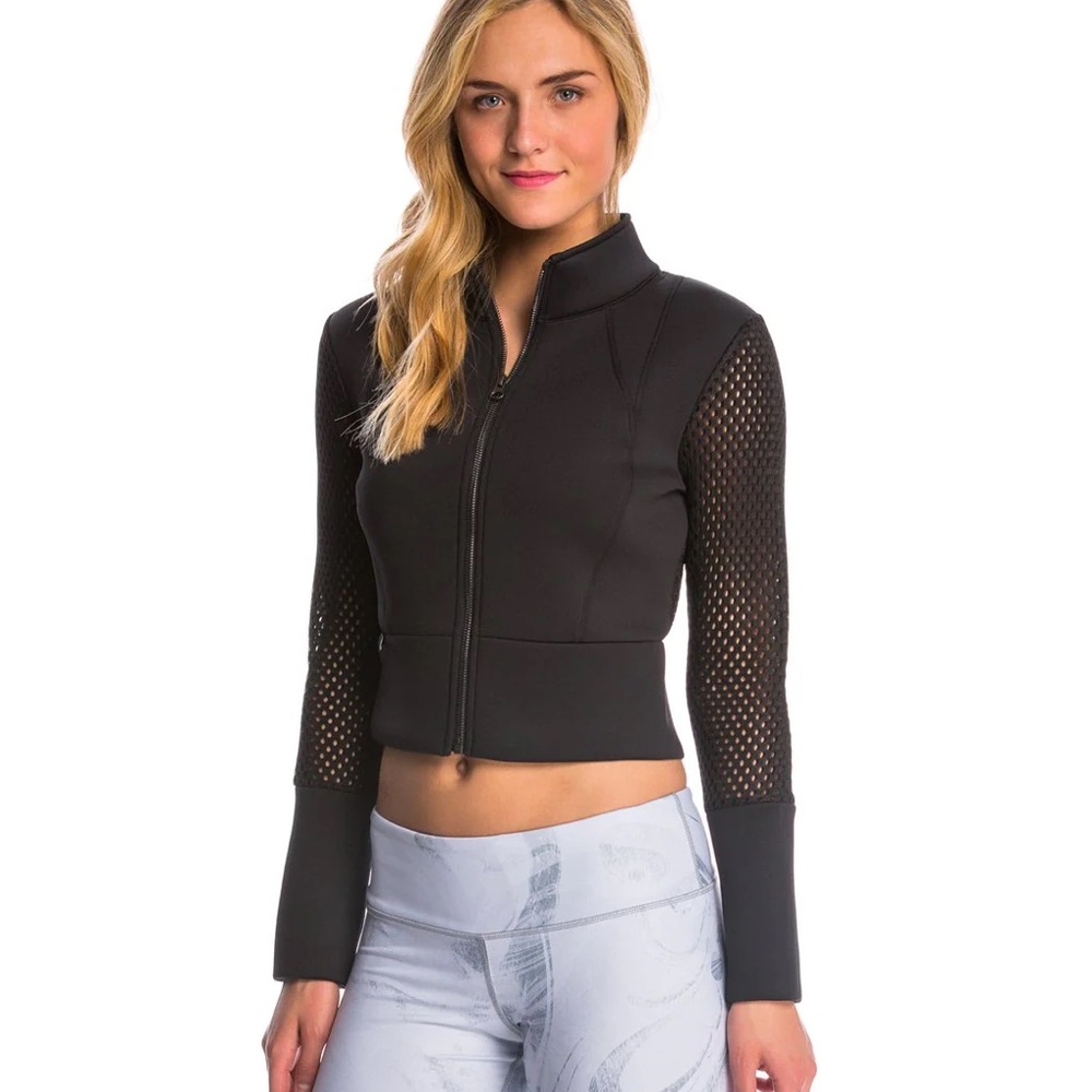 ALO Shell After Yoga Cropped Black Mesh Sleeve Zip-Up Jacket